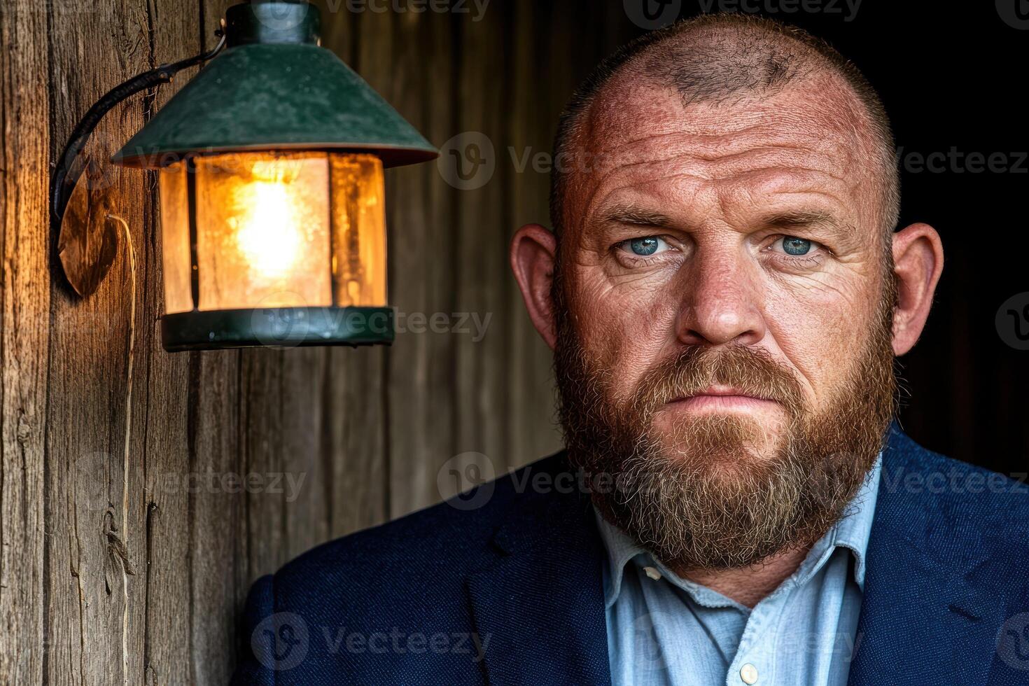 Portrait of a man with a beard standing near an old lantern photo