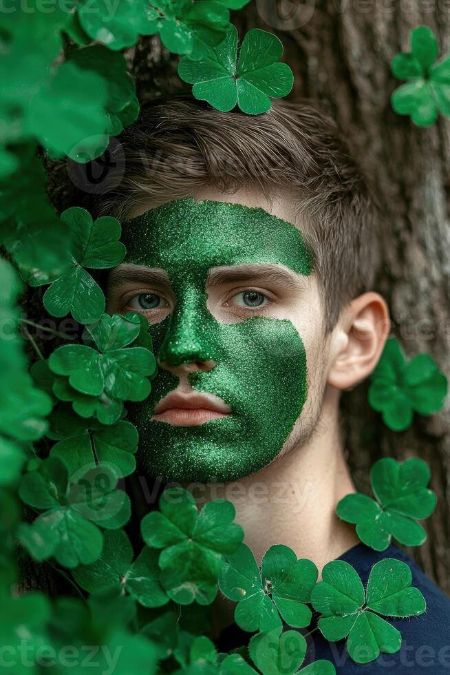 Man with green glitter face paint surrounded by shamrocks photo