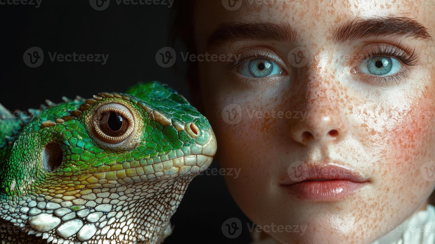 Close up portrait of a young woman with freckles and a green lizard photo