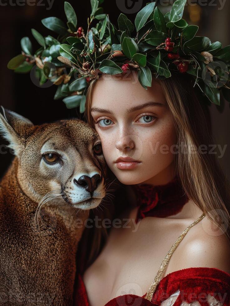 Young woman with a caracal and flower crown photo