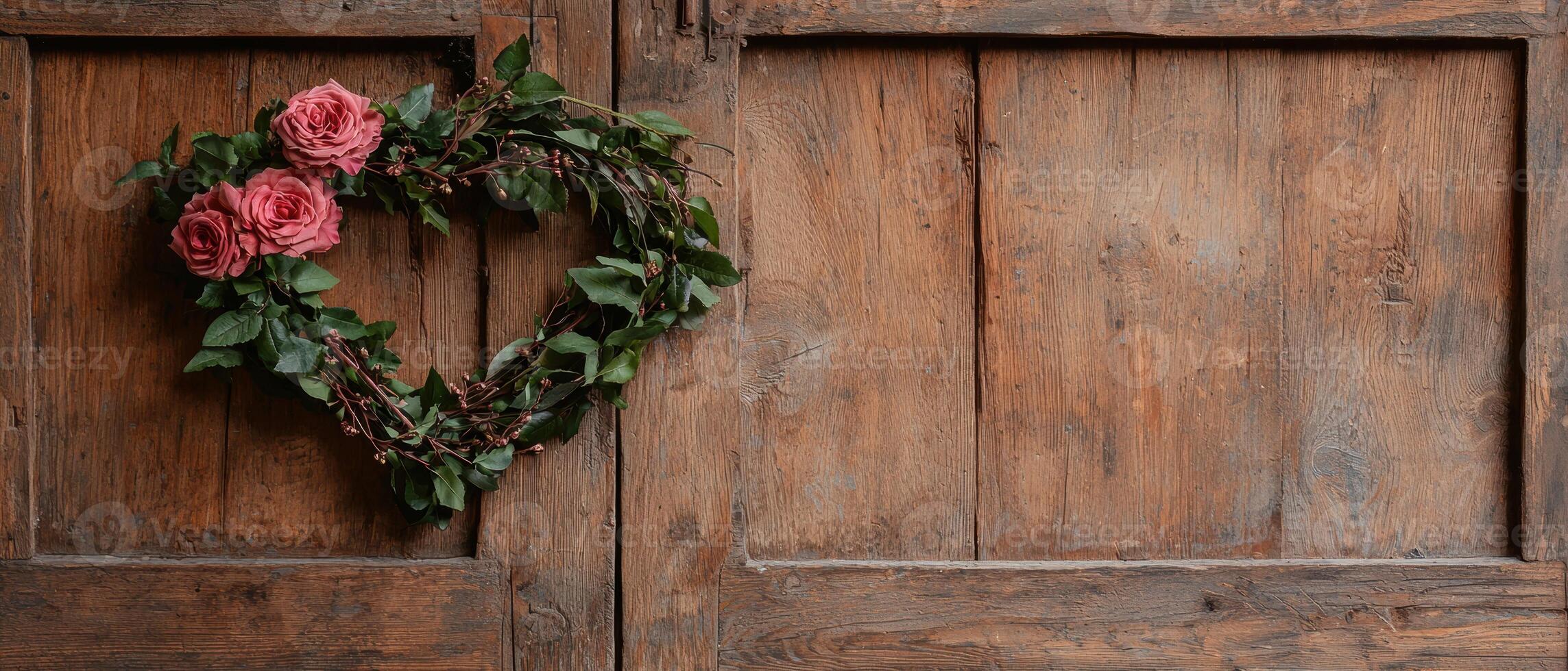 Heart shaped wreath of pink roses and green leaves on rustic wooden door photo