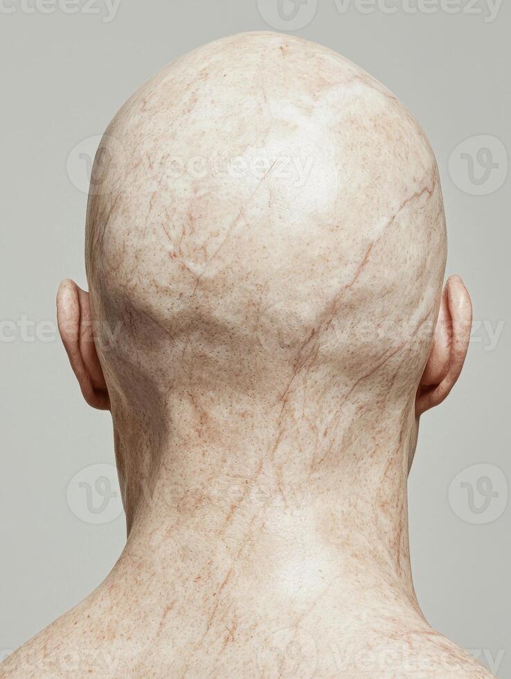 Close up view of a bald head and neck with visible wrinkles and skin texture photo