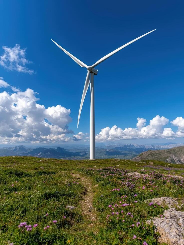A wind turbine on a mountain top with wildflowers photo