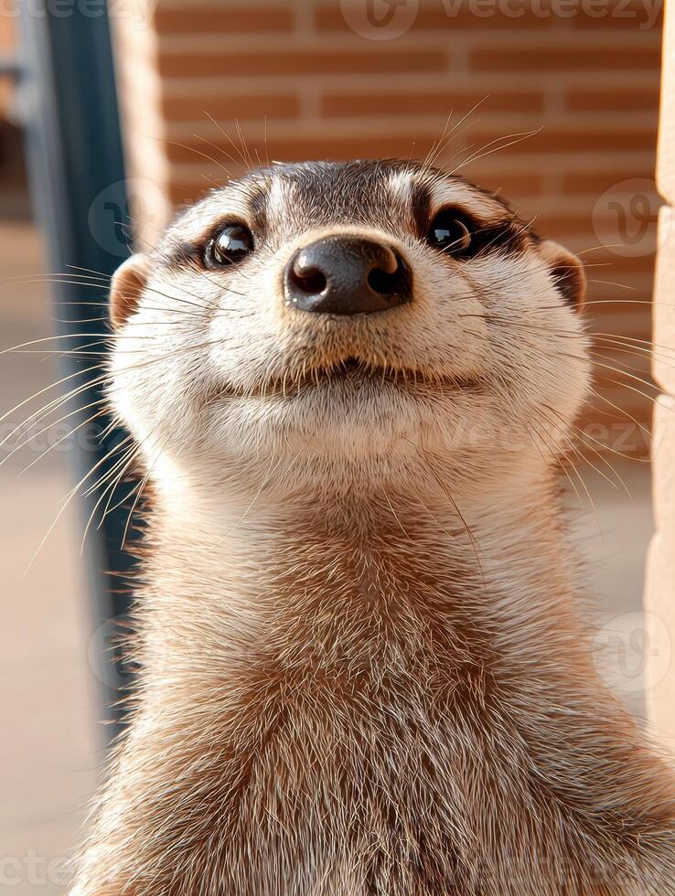 Close up portrait of a meerkat looking directly at the camera photo