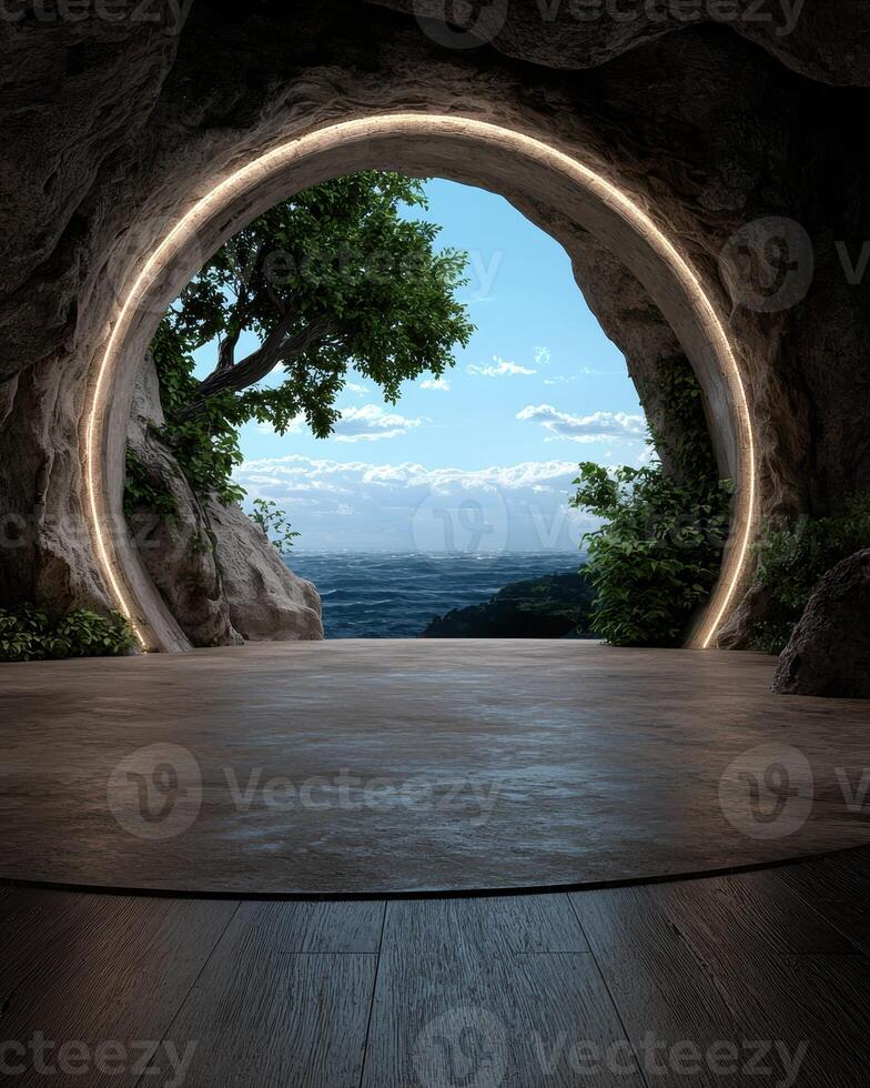 Circular window in a cave overlooking the ocean photo