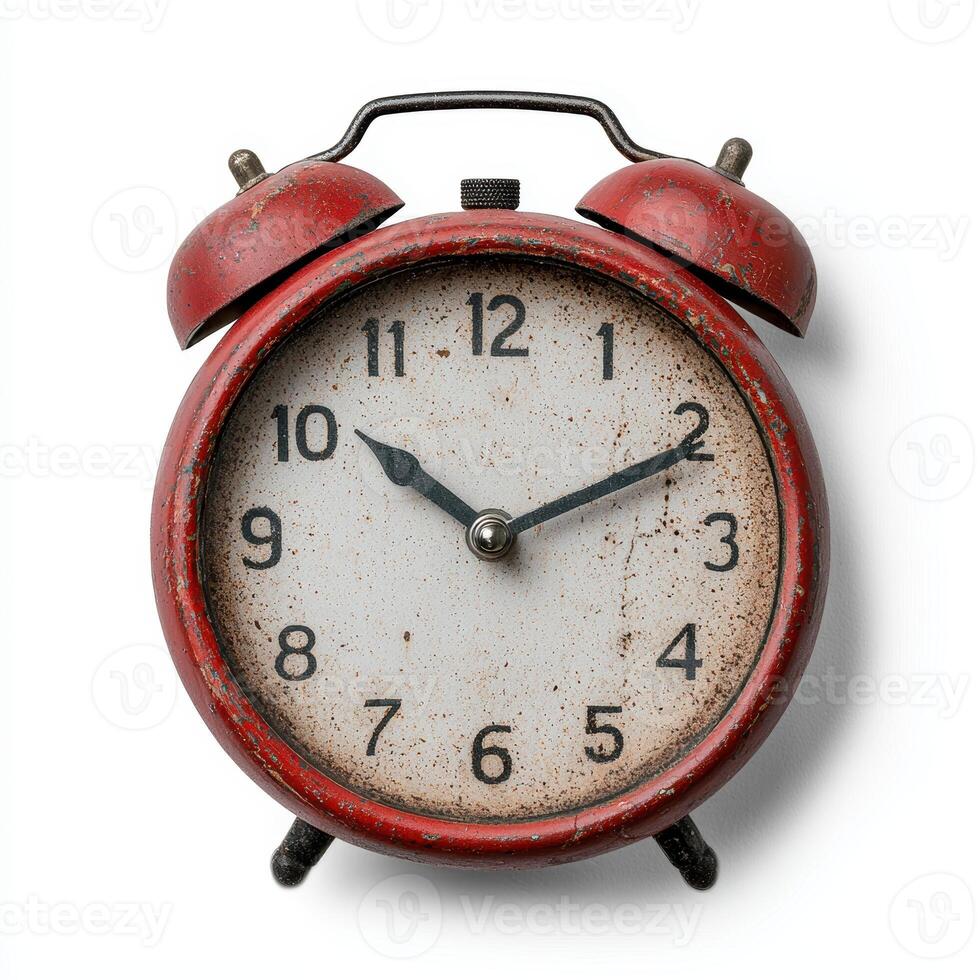 Vintage red alarm clock showing the time photo