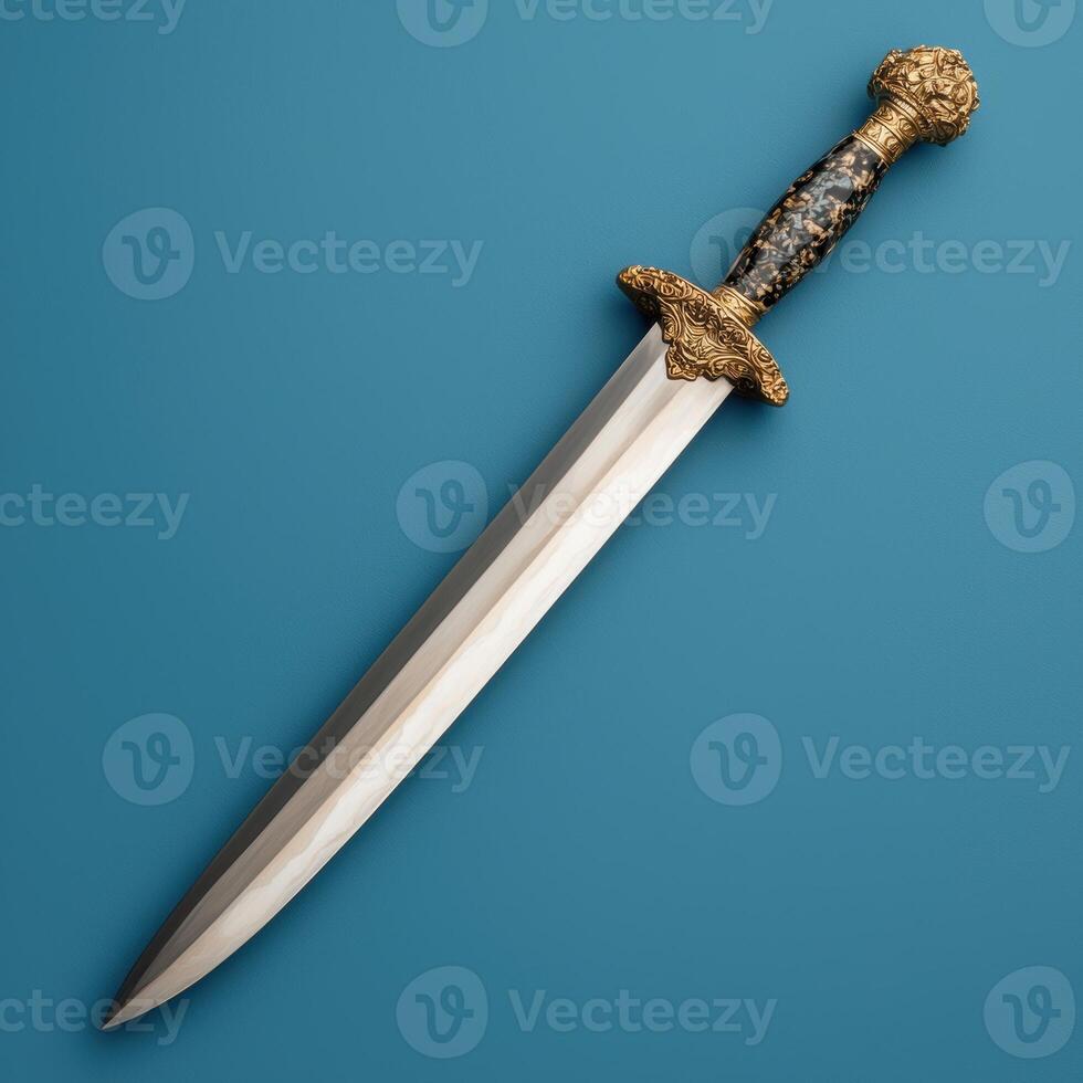 Ornate dagger with gold handle and silver blade on blue background photo