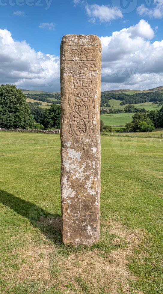 Ancient carved stone monument in a green field under a blue sky photo