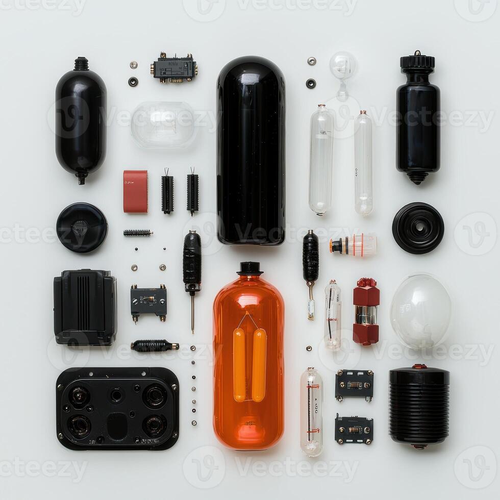 Assorted electronic components and parts arranged on a white background photo