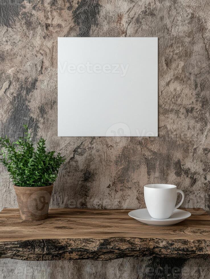 White cup and saucer on wooden shelf with blank frame mockup photo