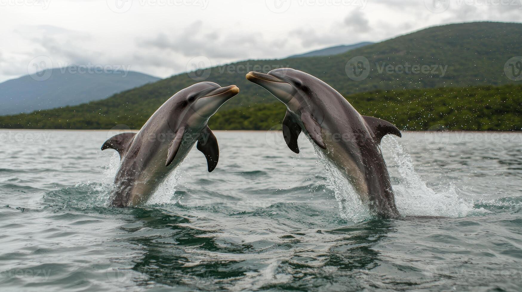 Two dolphins leaping and playing in the ocean photo