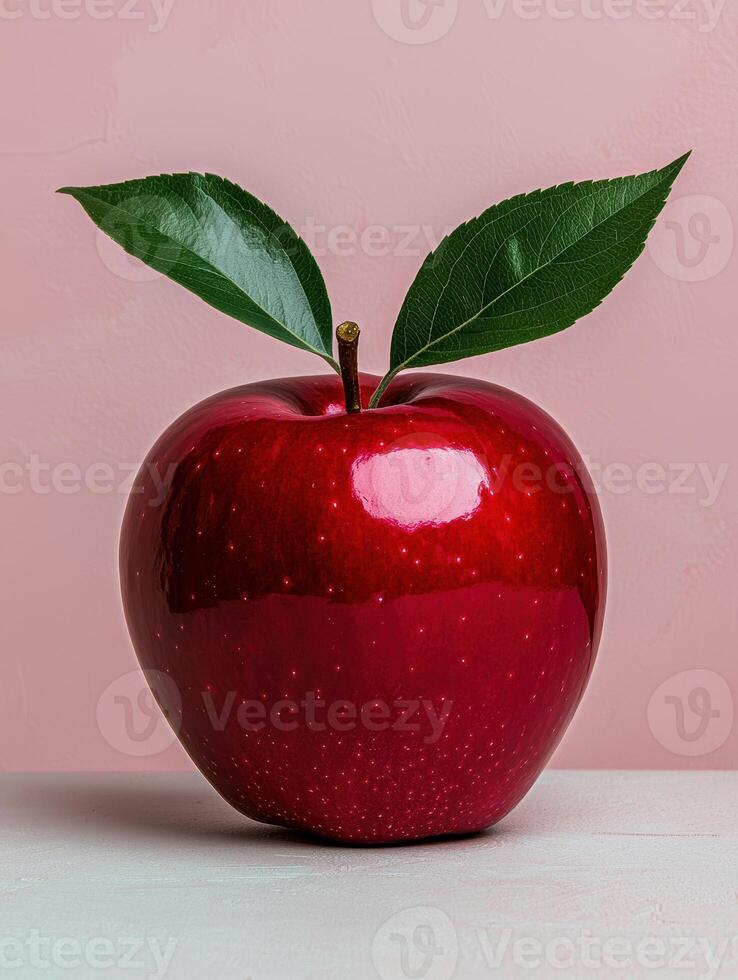 Single red apple with green leaves on pink background photo