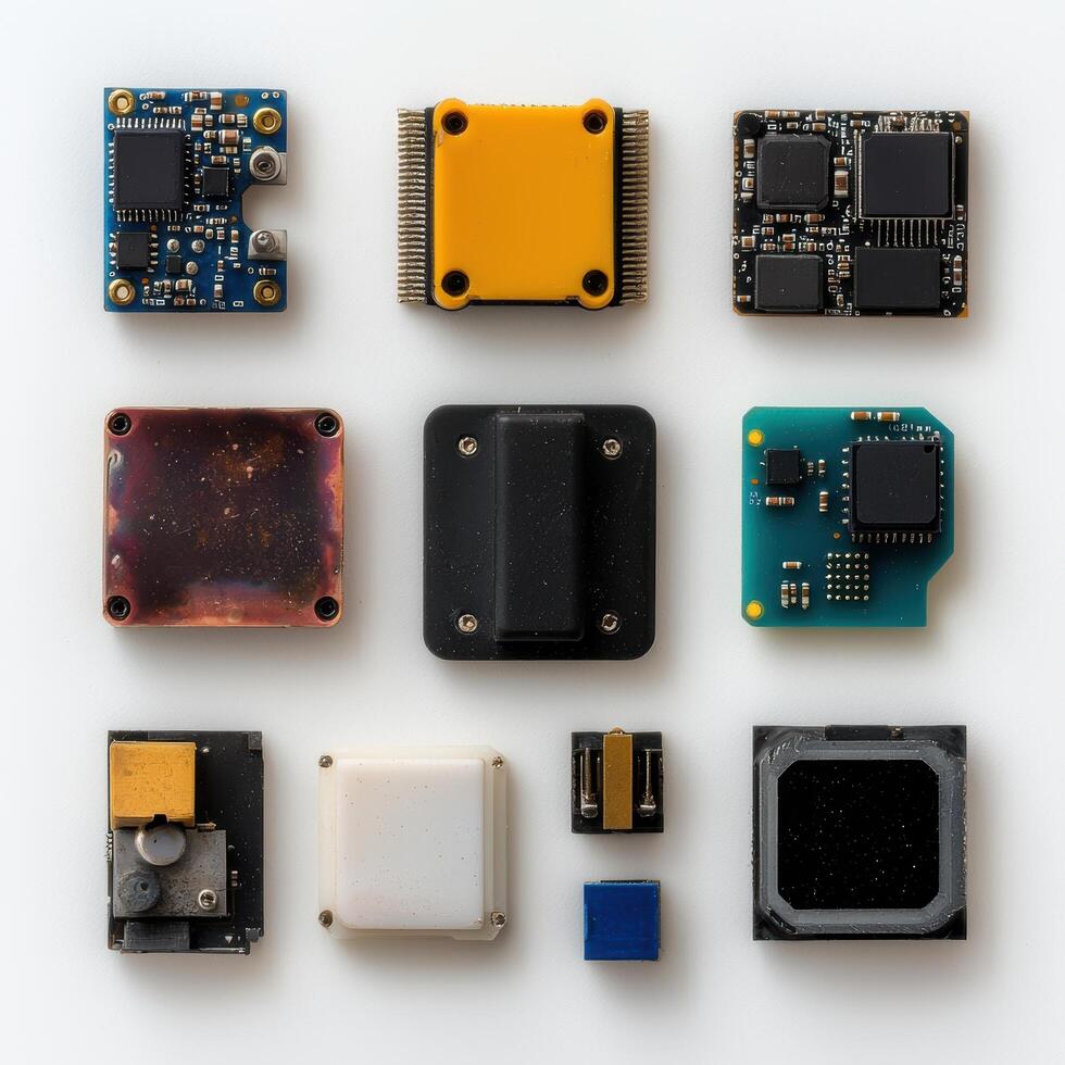 Assorted electronic components on white background photo