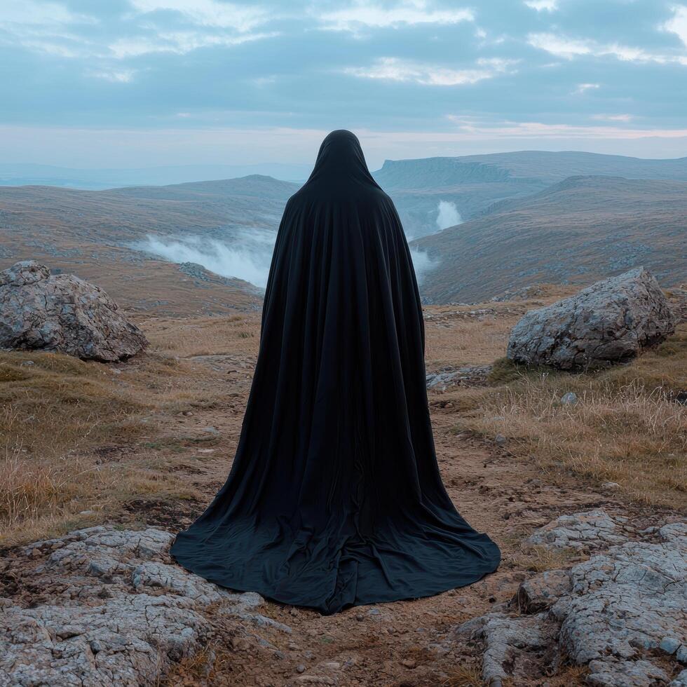 Mysterious figure in black robe overlooking a vast landscape photo