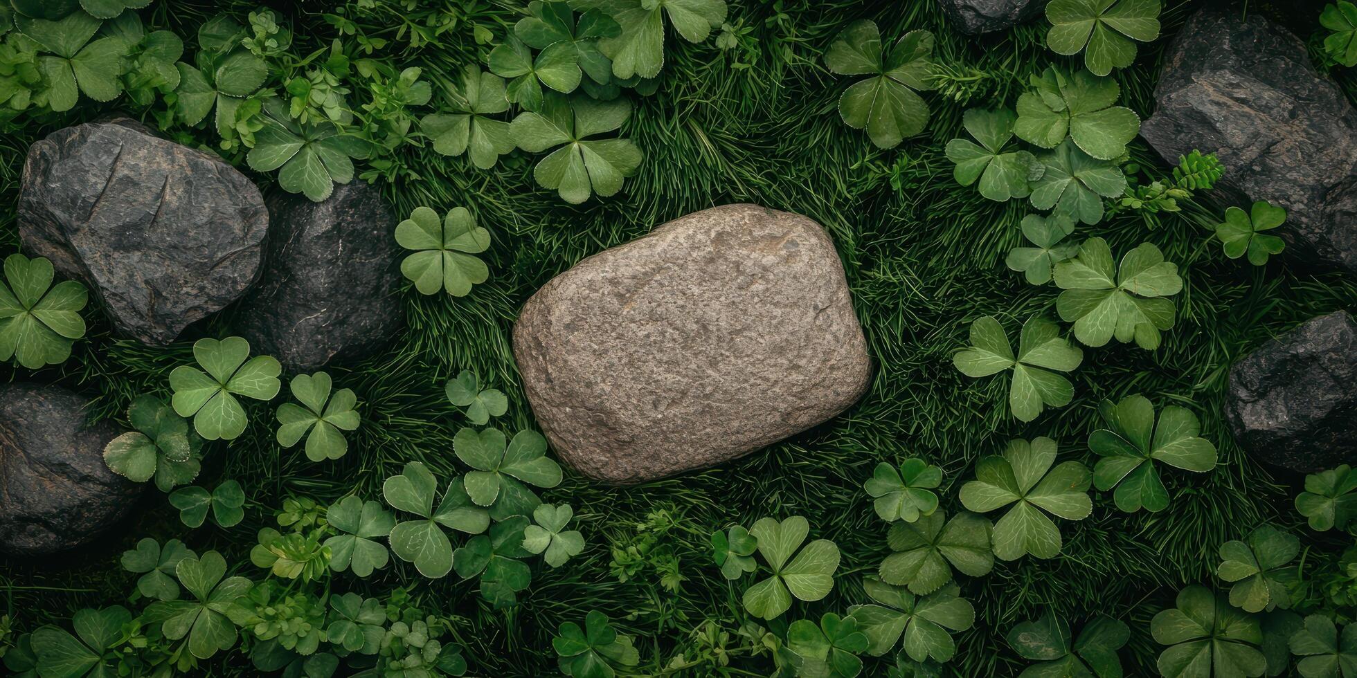 Close up view of shamrocks and stones on green grass photo