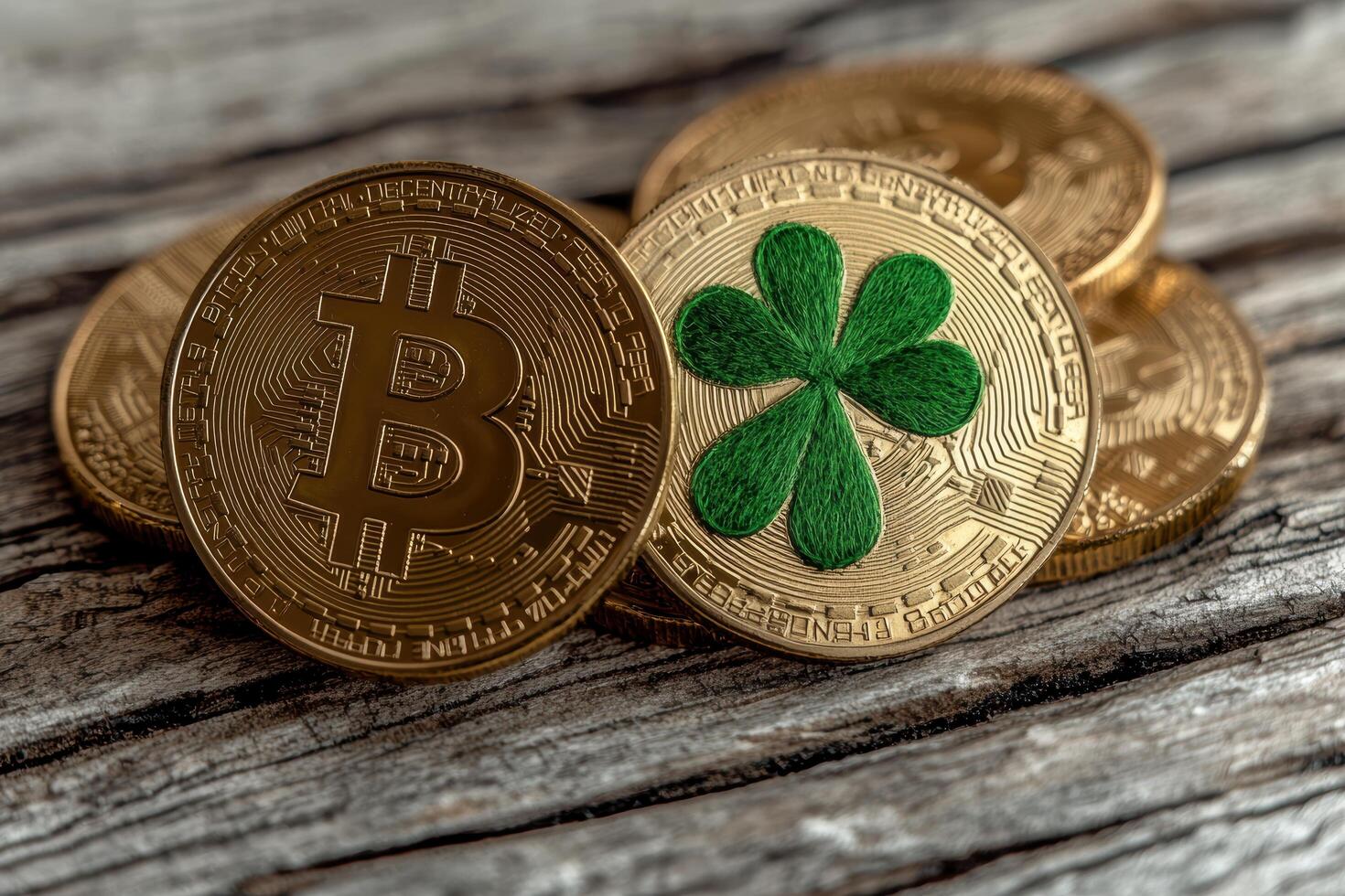 Golden Bitcoin Cryptocurrency Coins with Four Leaf Clover photo
