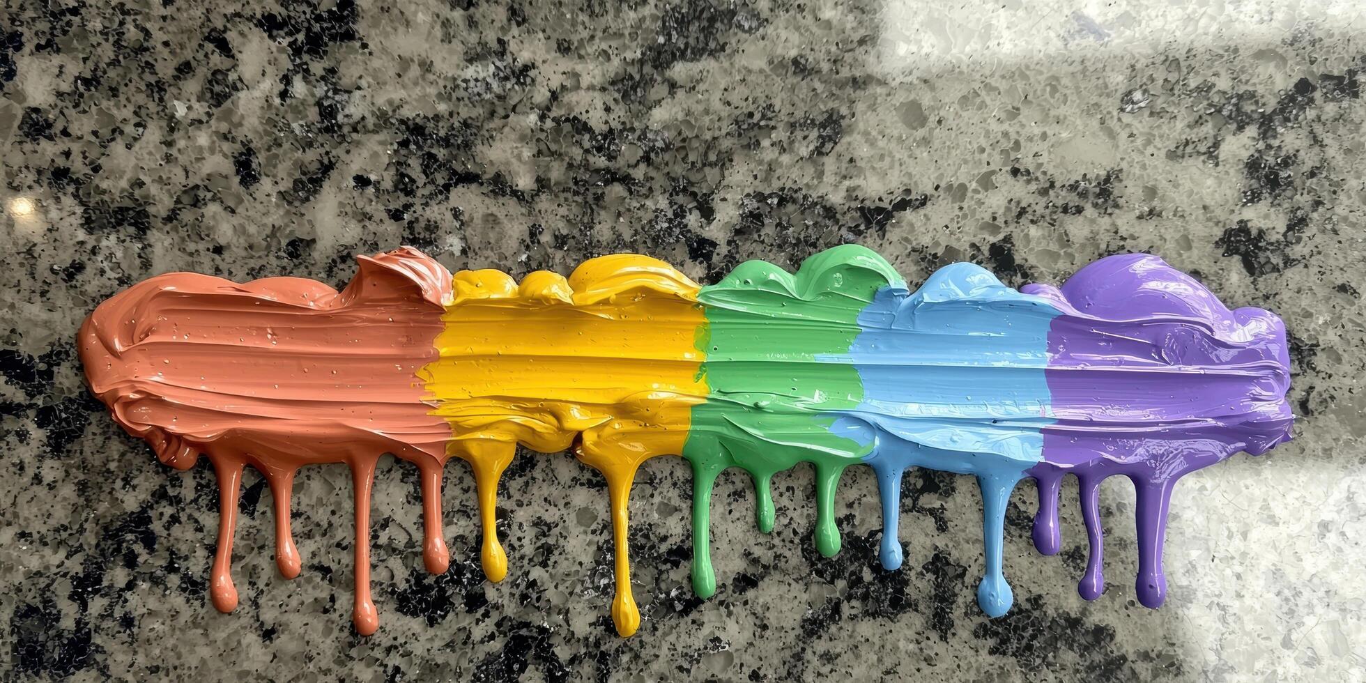 Rainbow paint dripping on a marble surface photo