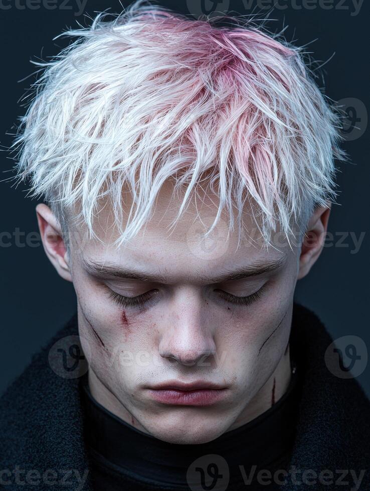 Young man with white and pink hair and facial injuries photo