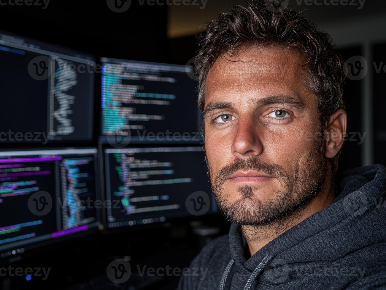 Portrait of a focused programmer working late at night with many screens photo