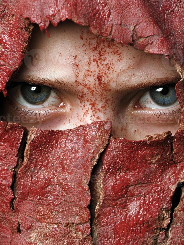Close up of a face peering through a cracked red surface photo
