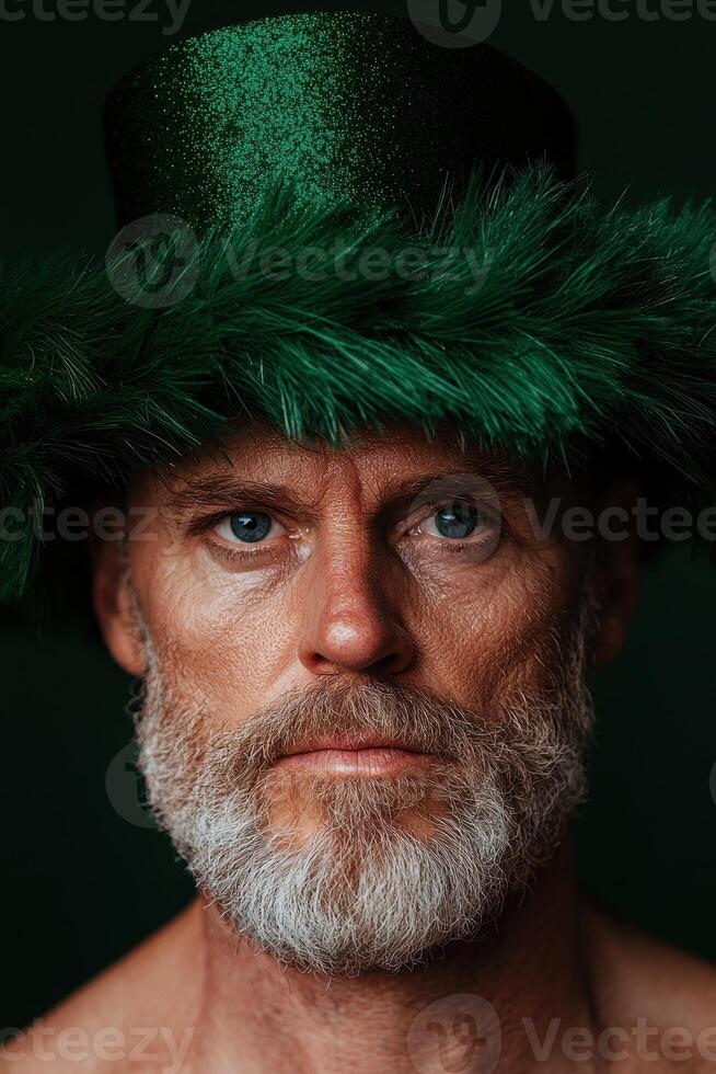 Close up portrait of a man with a gray beard wearing a green leprechaun hat photo