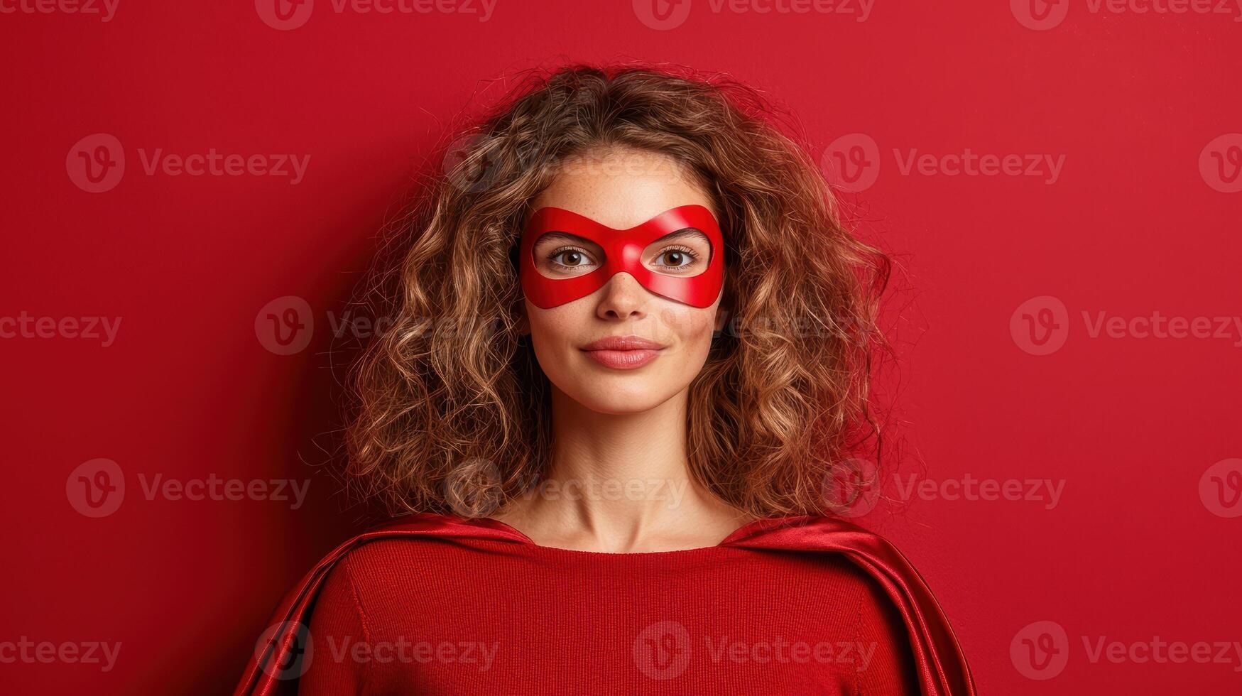 Portrait of a superhero woman with red mask and cape photo