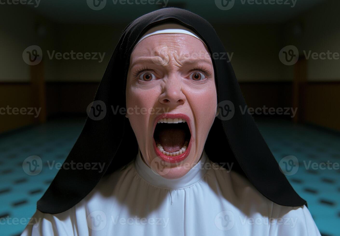 Terrified nun screaming in a dark hallway photo