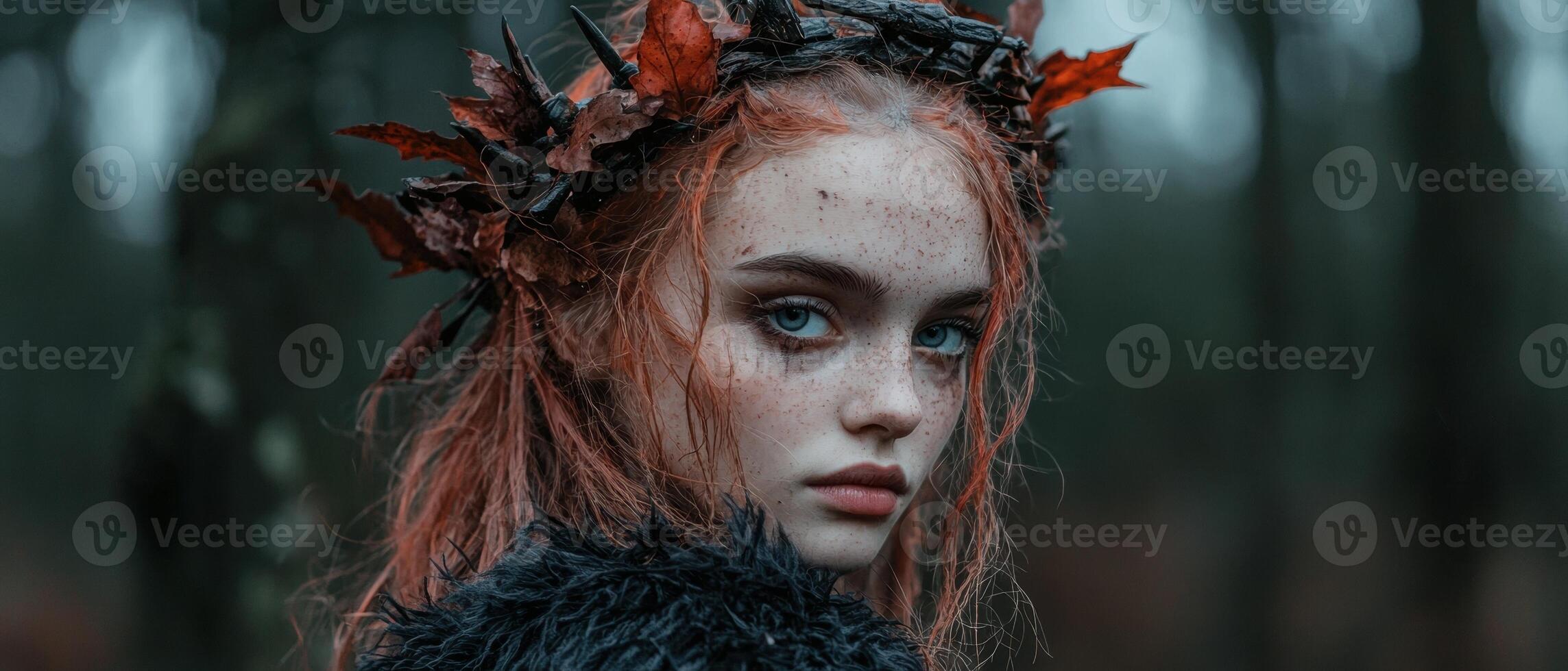 Portrait of a young woman with red hair and freckles wearing a crown of leaves and thorns photo