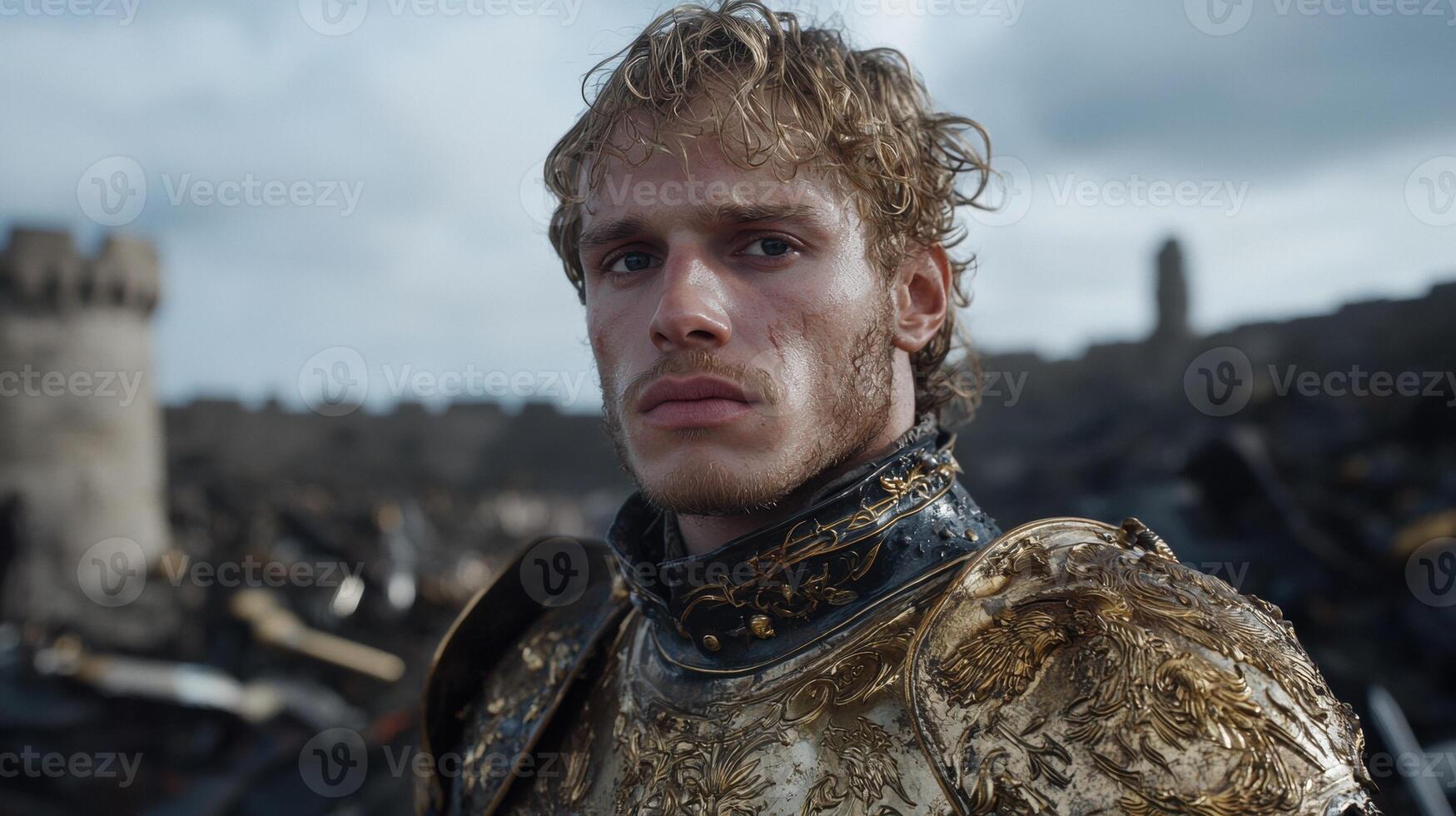 Young man in medieval armor stands amidst the ruins of a castle photo