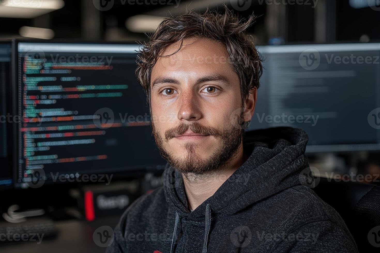 Portrait of a young programmer working on his computer photo
