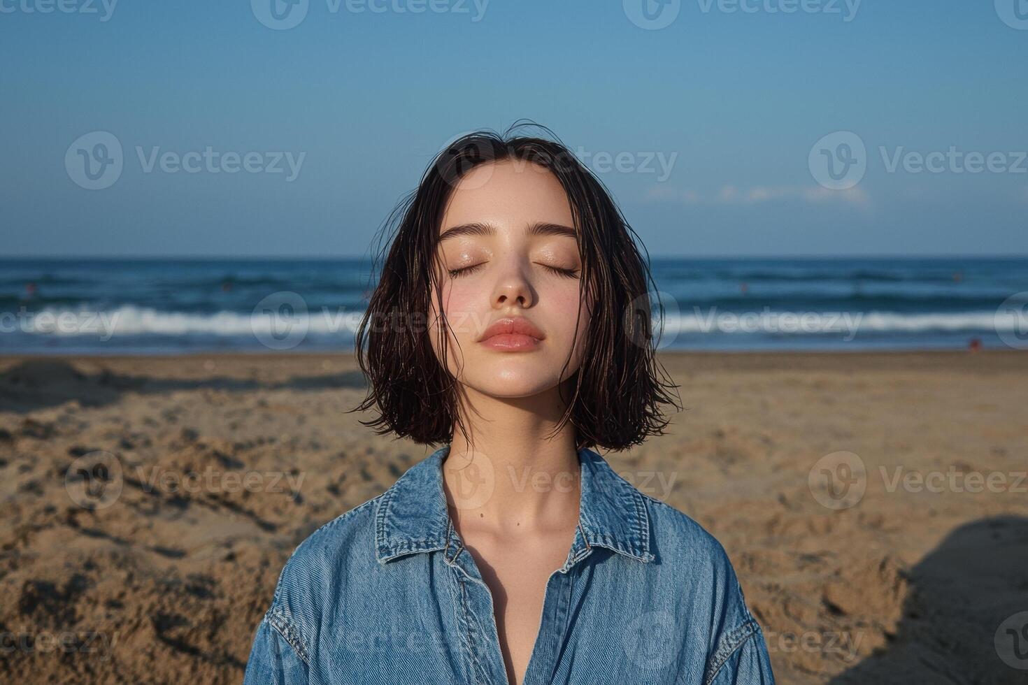 Woman with eyes closed on beach photo