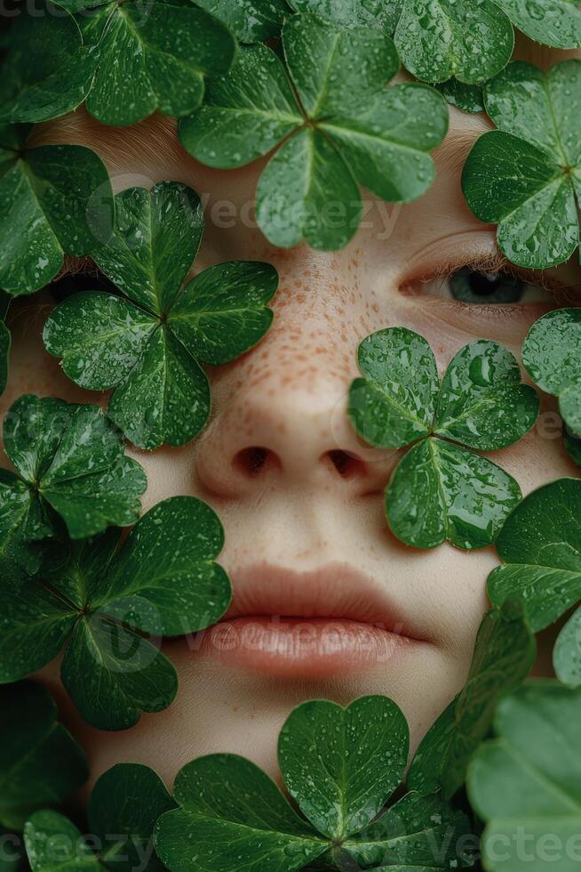 Close up of a freckled face partially covered by lush green clover leaves photo
