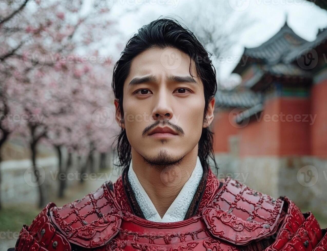 Portrait of a man in red armor against a cherry blossom backdrop photo