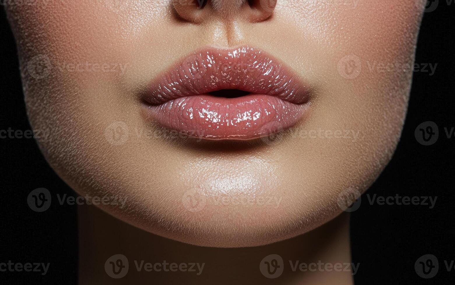 Close up of womans lips with glossy lip gloss photo