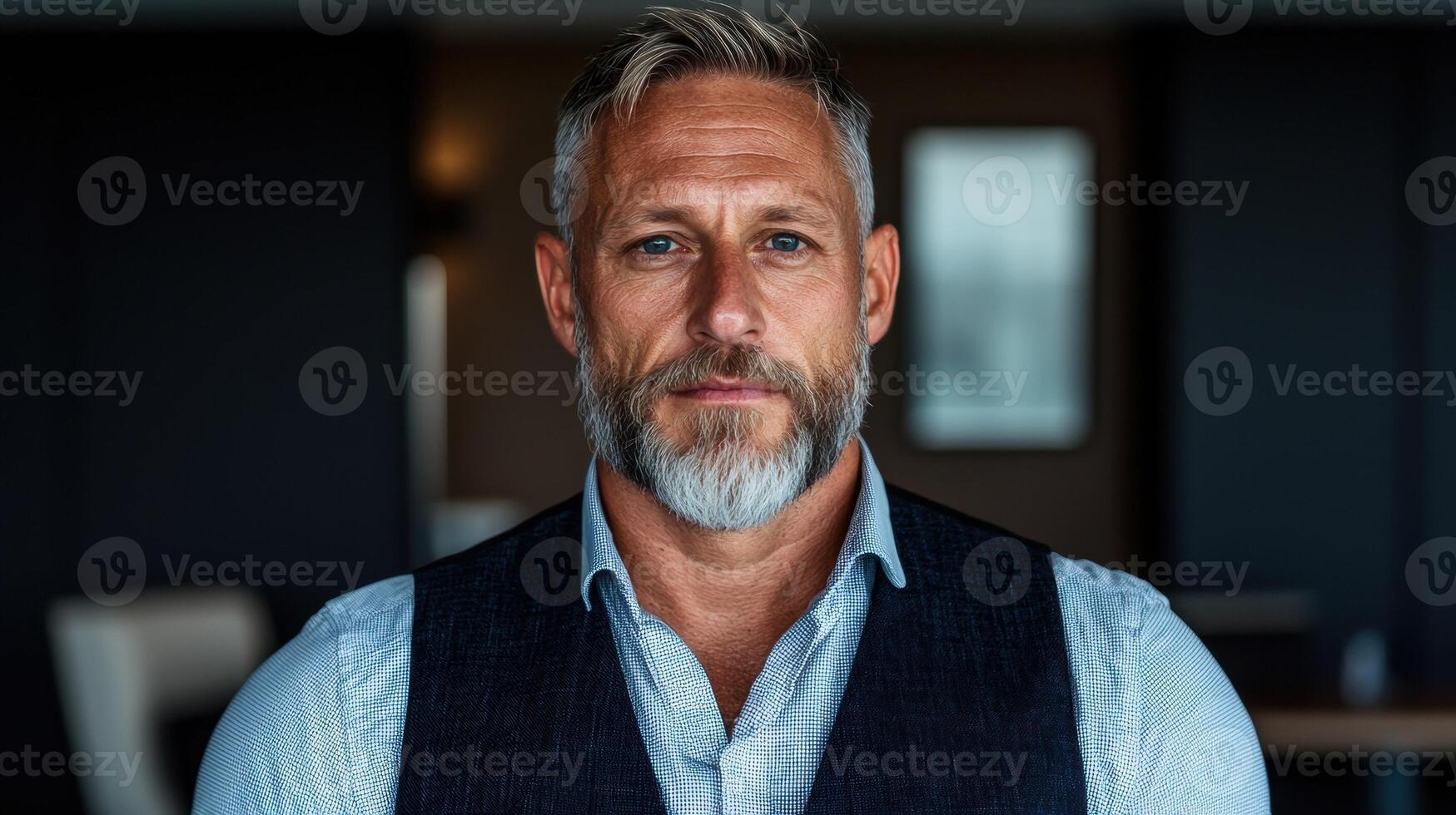 a man with a beard and vest standing in front of a black background photo