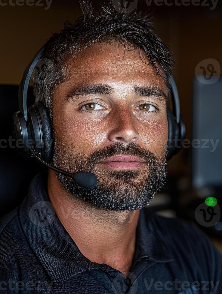 Portrait of a man wearing a headset, focused and serious expression photo