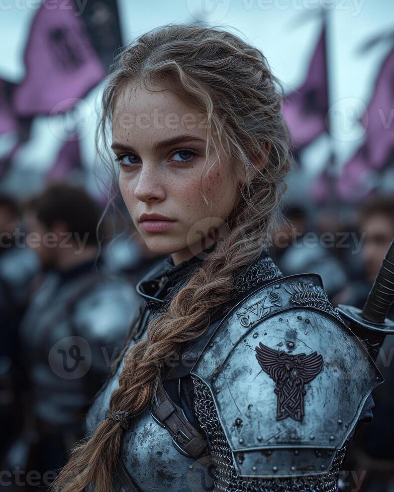 Female warrior in medieval armor, fantasy portrait photo