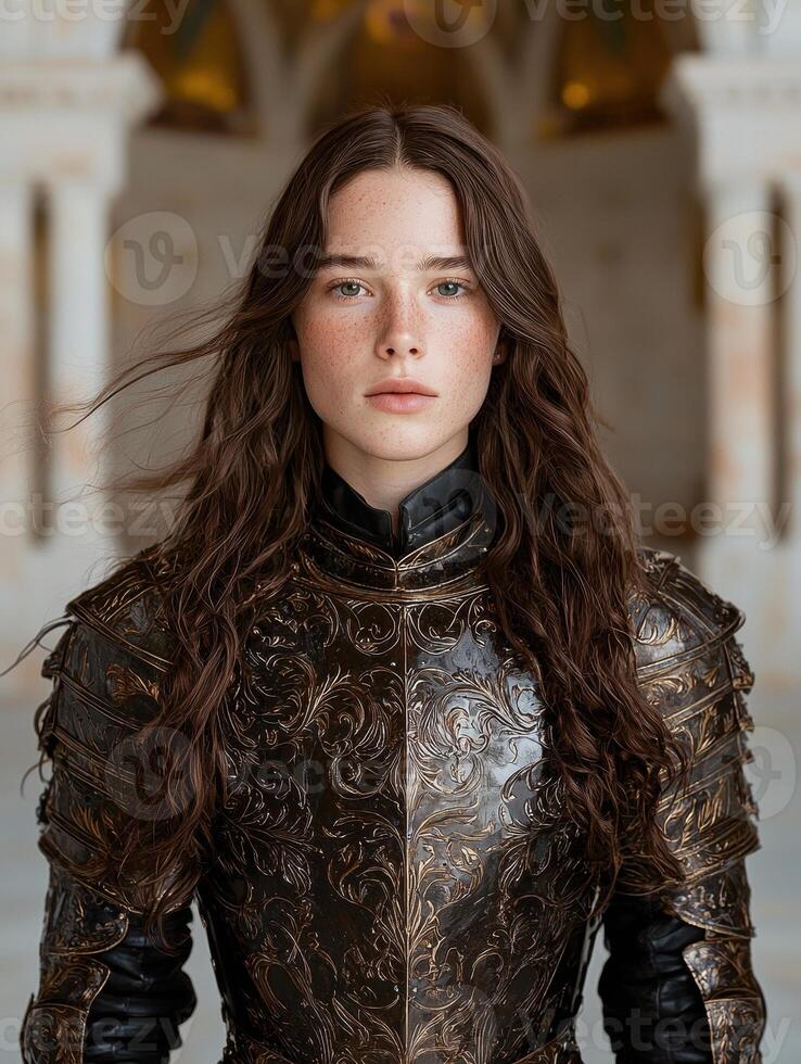 Young woman in brown medieval armor, fantasy portrait photo