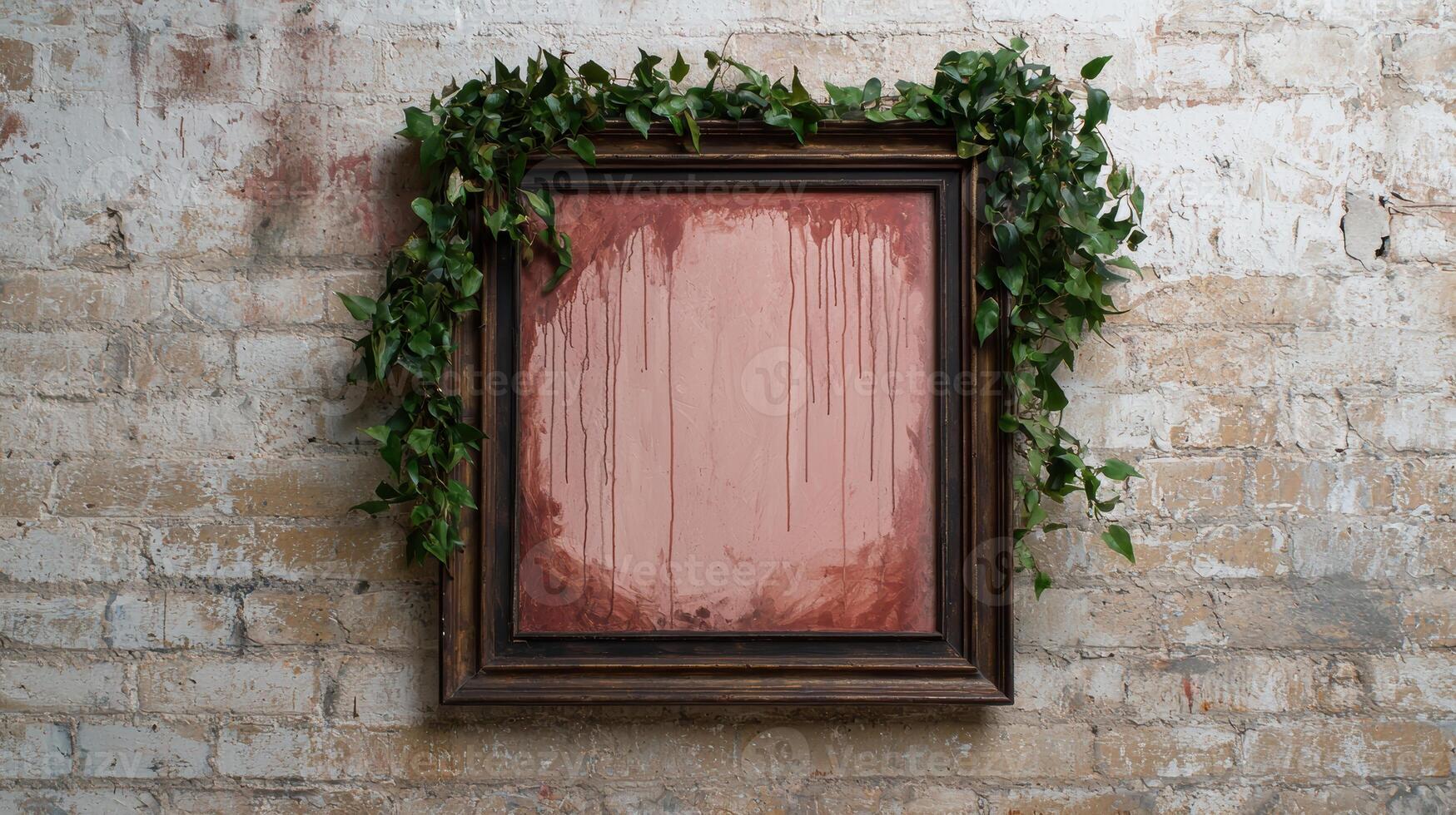 Blank canvas with greenery on rustic brick wall photo