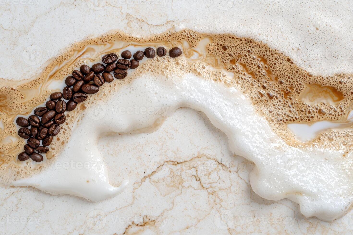 Close up of spilled coffee with coffee beans forming a path photo