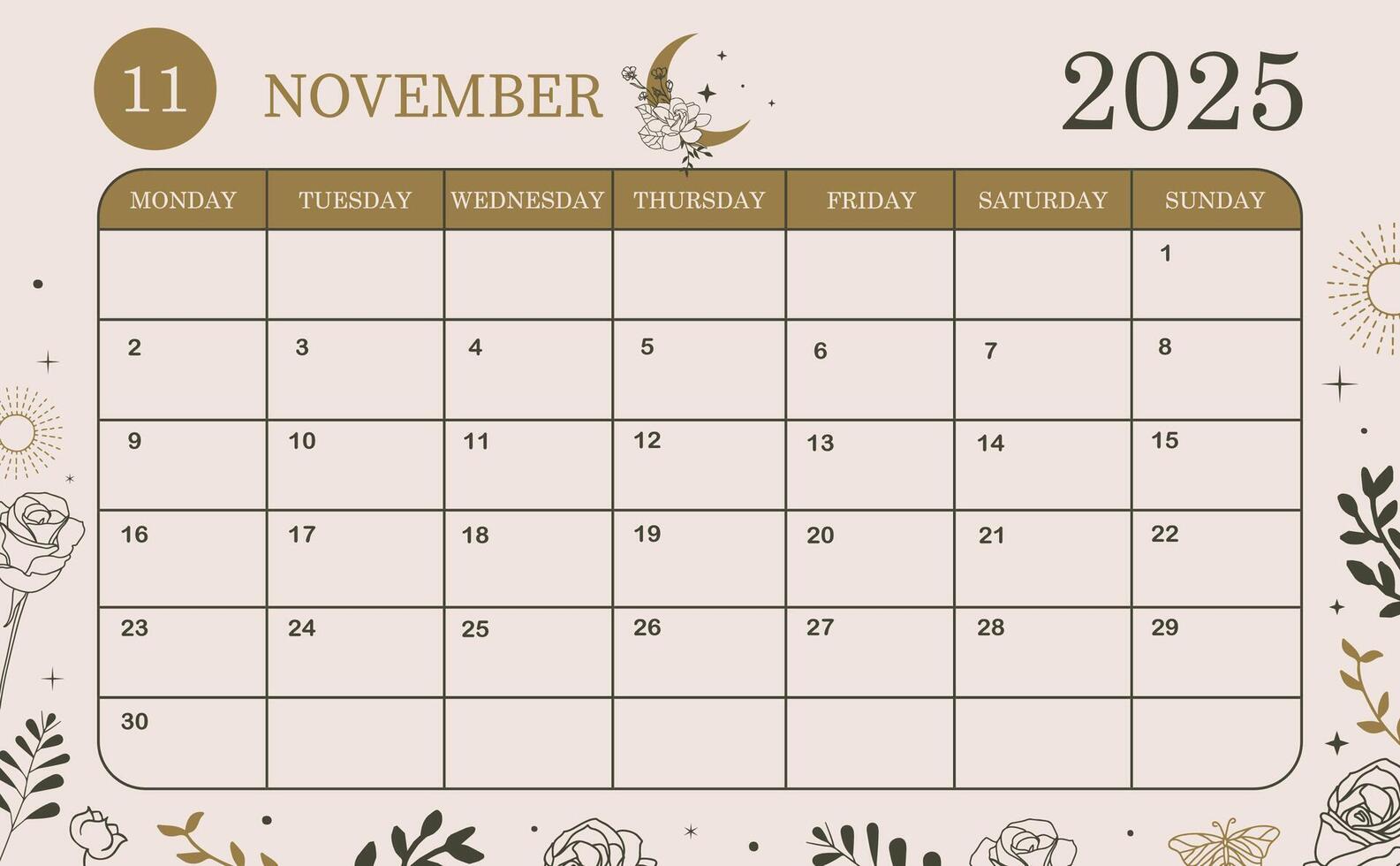2025 November monthly calendar week start on Sunday with boho style that use for horizontal digital and printable A4 A5 size vector
