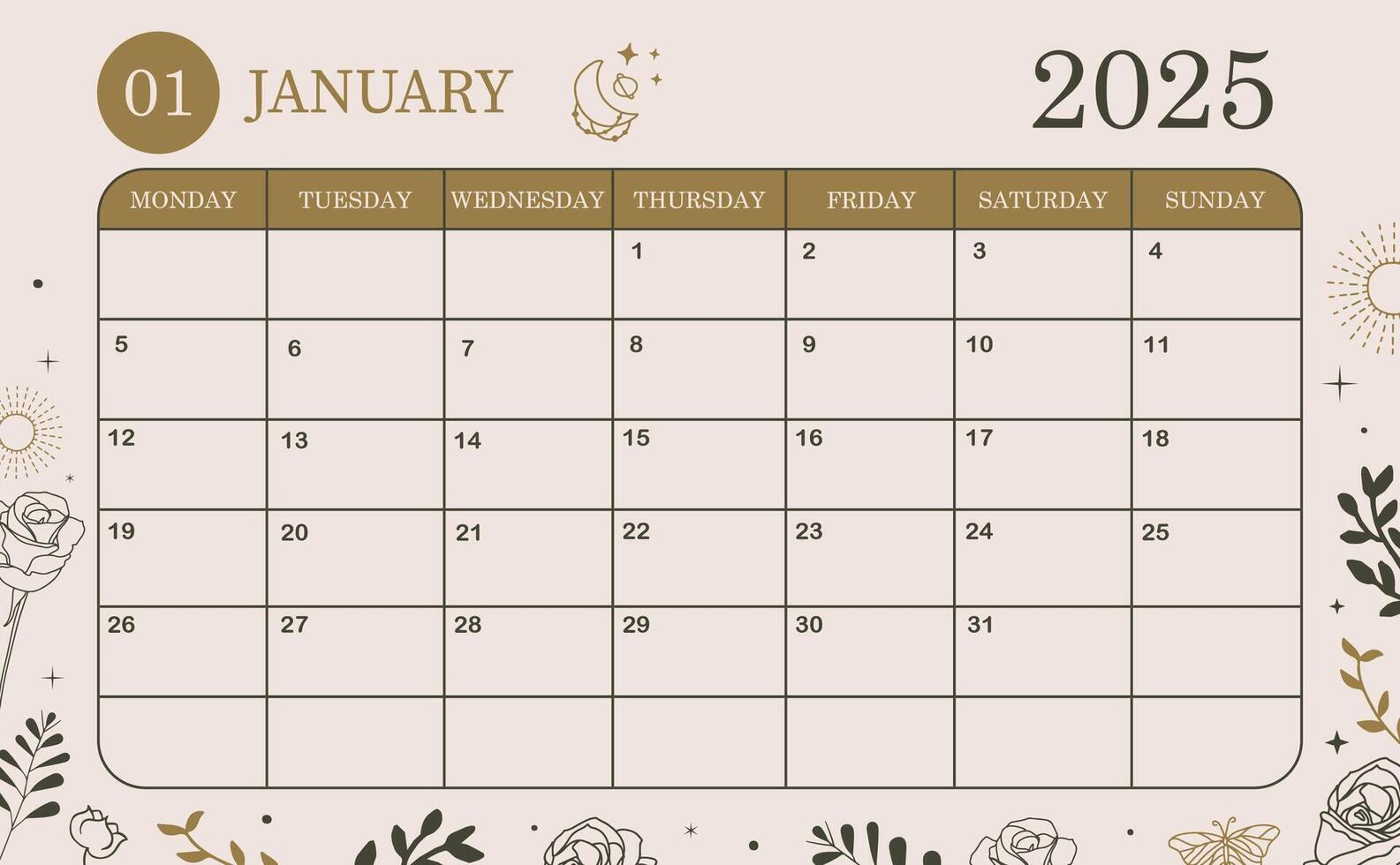 2025 January monthly calendar week start on Sunday with boho style that use for horizontal digital and printable A4 A5 size vector