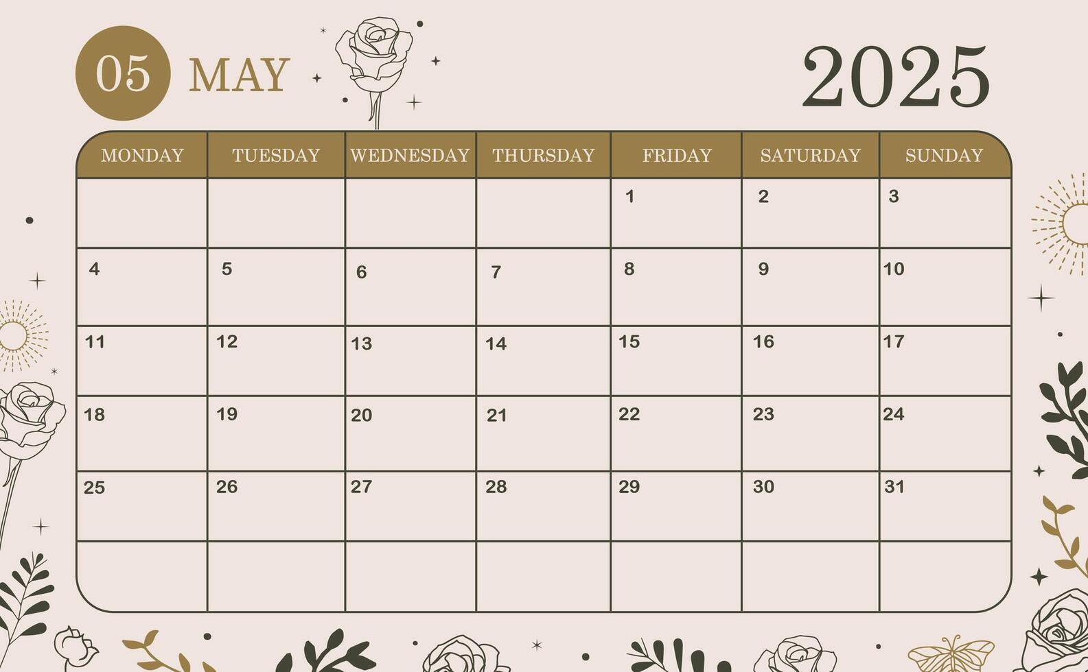 2025 may monthly calendar week start on Sunday with boho style that use for horizontal digital and printable A4 A5 size vector