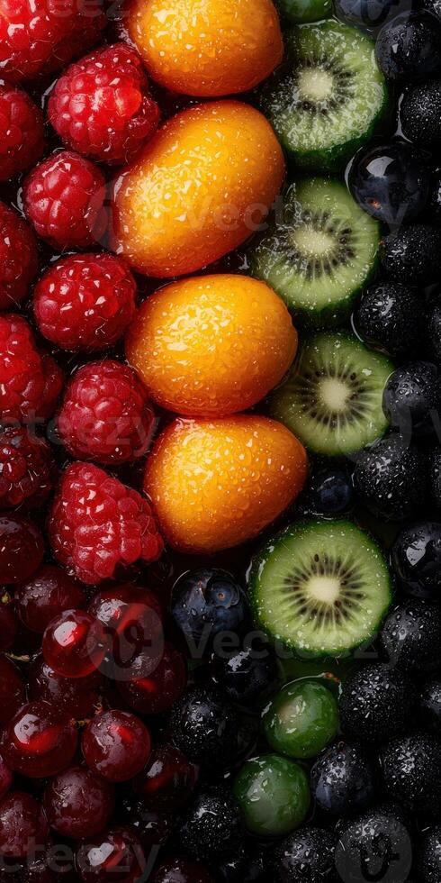 Close up of assorted fresh fruits arranged in a vibrant pattern photo