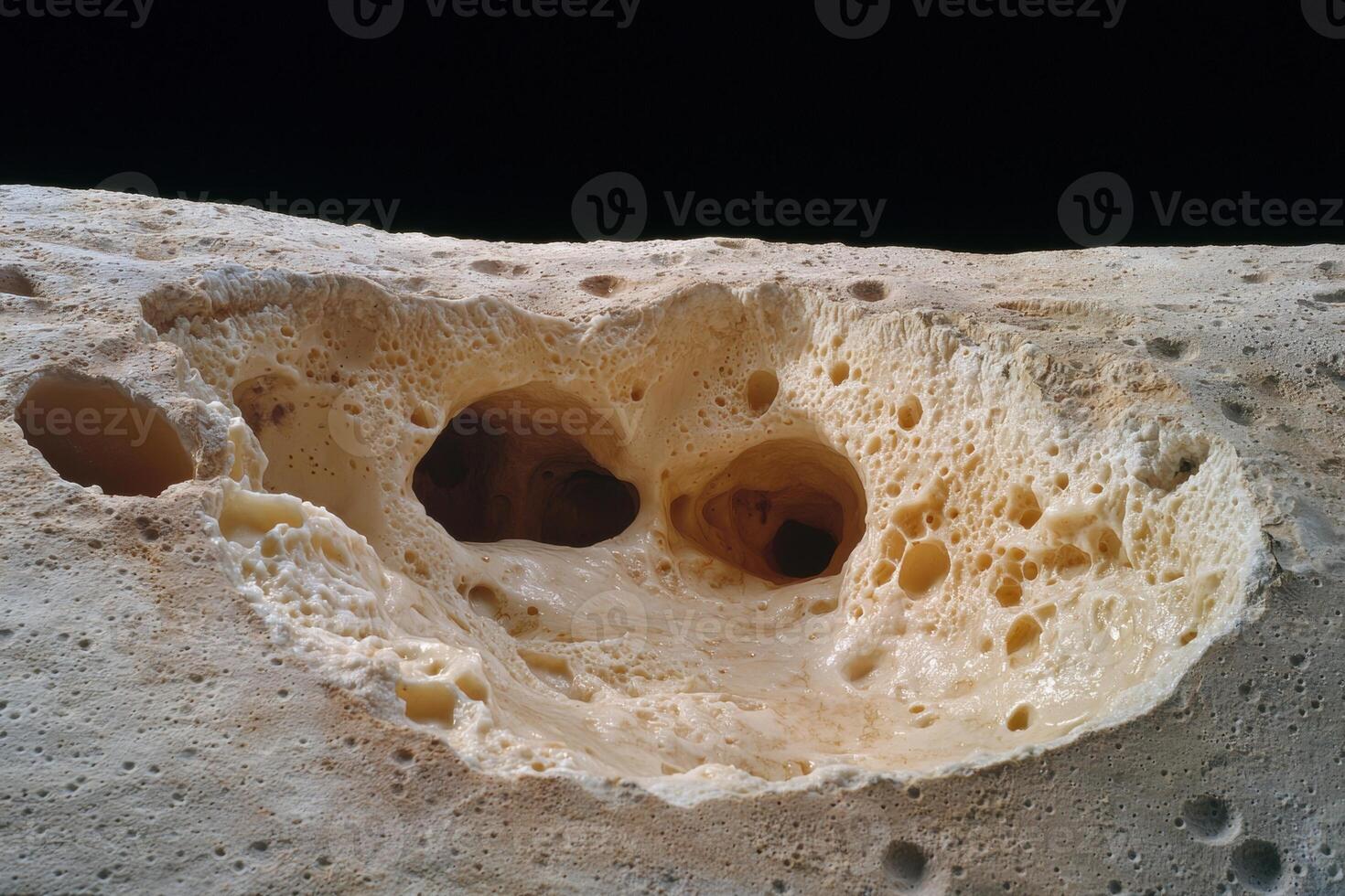 Close up of a porous, cavernous rock formation resembling a sponge or honeycomb texture photo