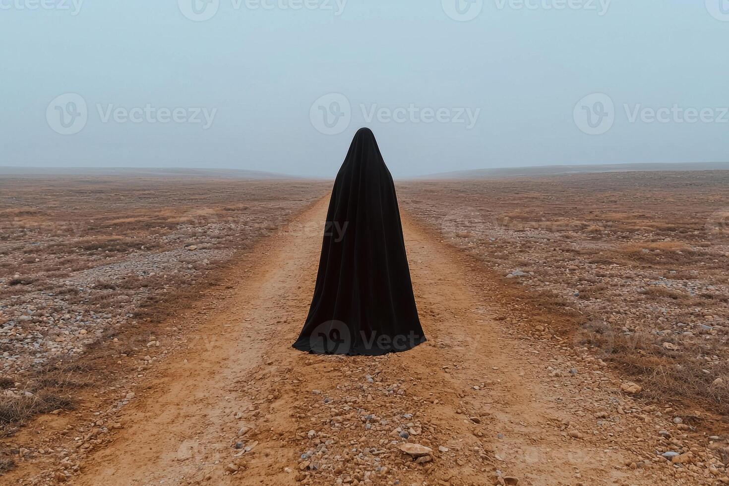 Mysterious figure in black robe standing on a desolate road photo