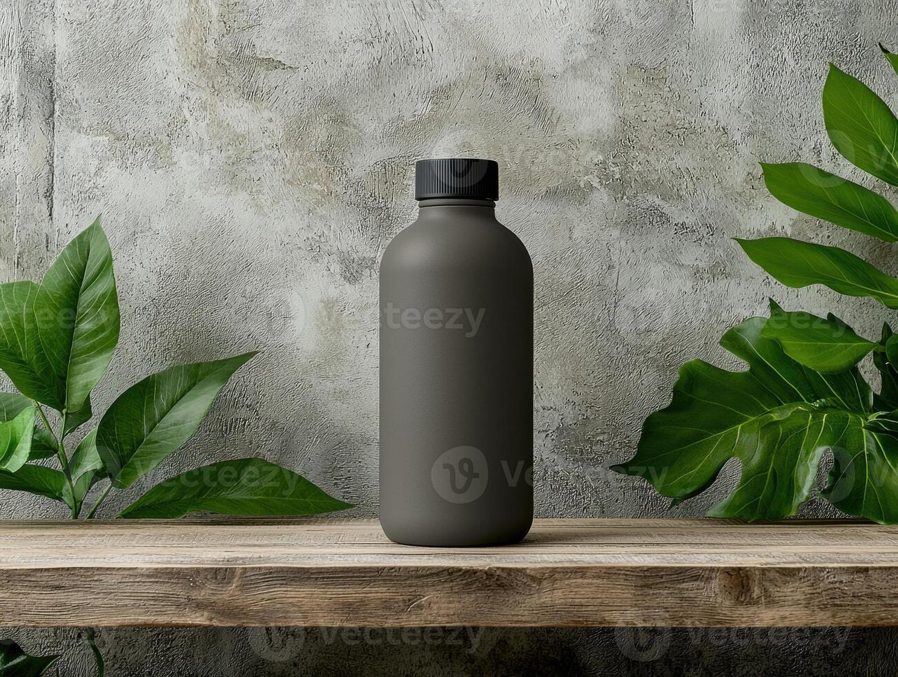 Dark gray bottle mockup on wooden shelf with green leaves photo