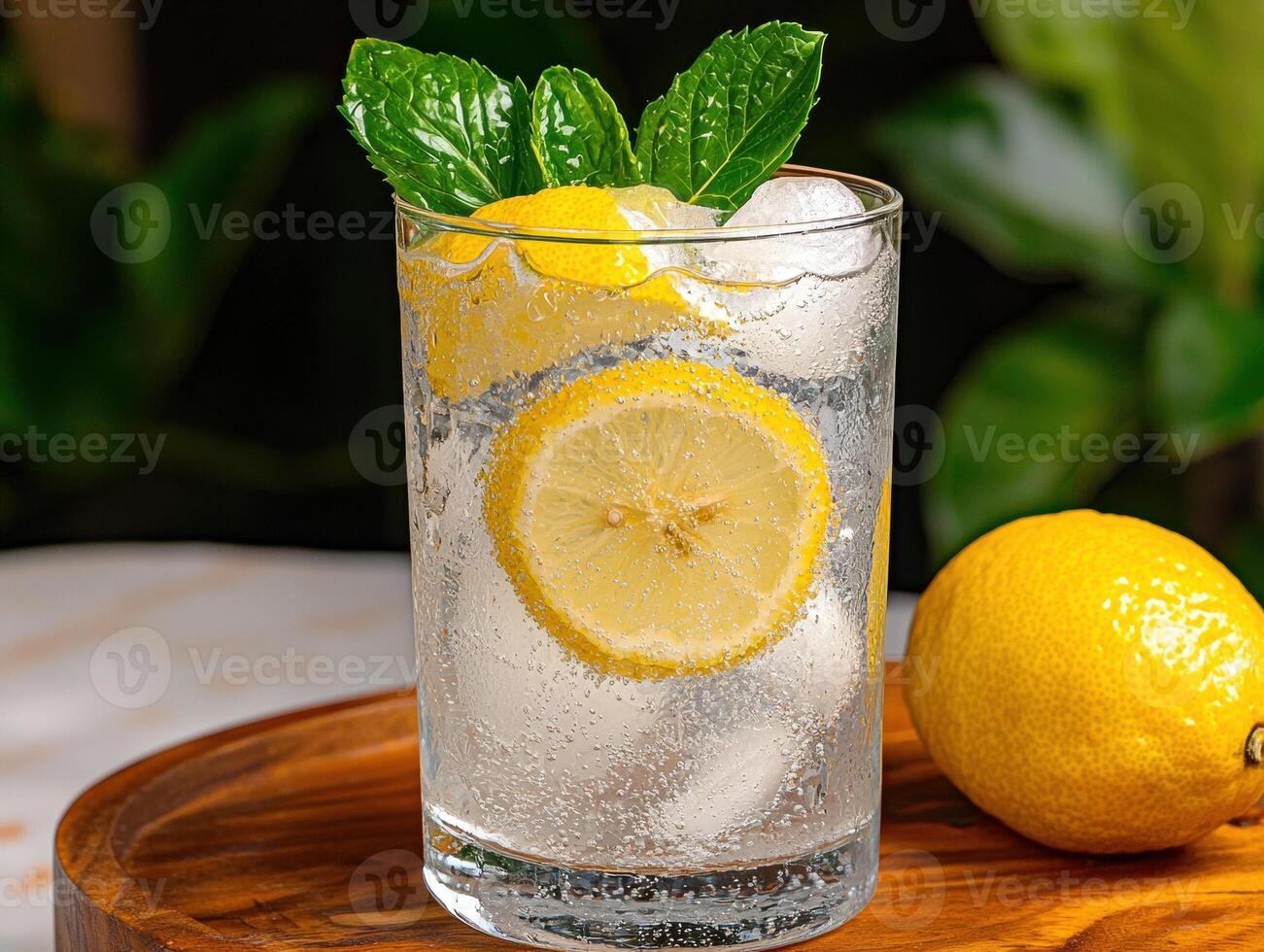 Refreshing lemon and mint sparkling water in a glass photo