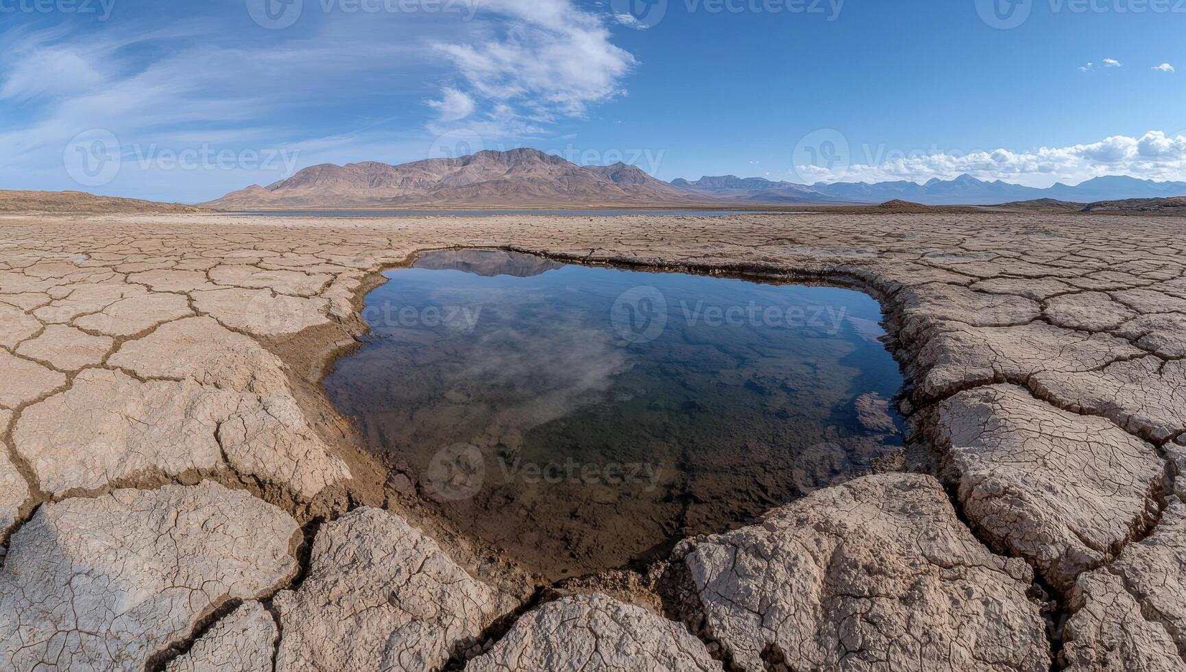 Dried lakebed with a small pool of water reflecting the sky and mountains in the background photo