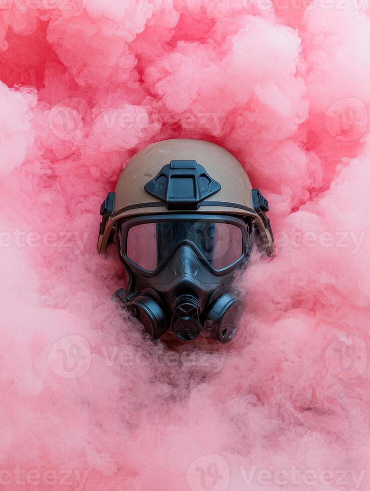 Gas mask and helmet in pink smoke photo